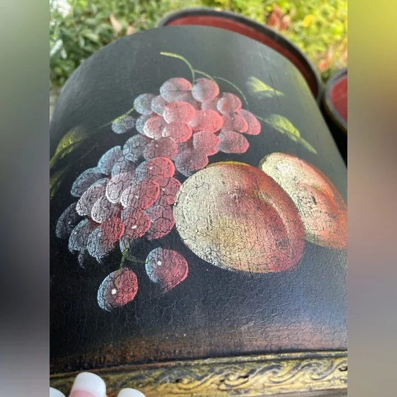 vintage black painted fruit floral 2 wood storage bins French Country primitive